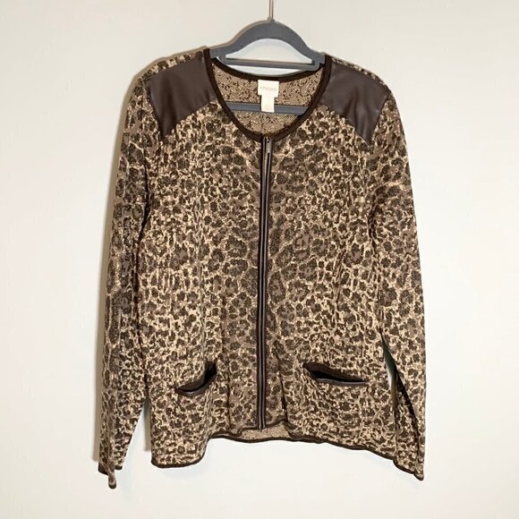 Chico's animal print zipper close long sleeve faux leather detail shirt cardigan - Picture 1 of 10